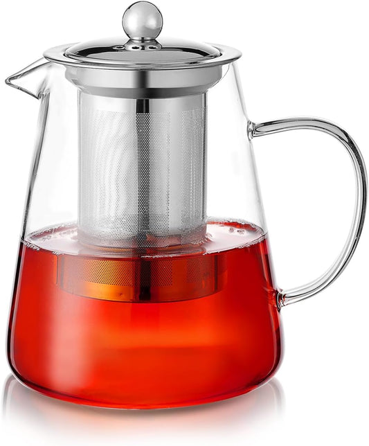 Clear Glass Teapot with Infuser, round Shape Infuser Tea Pot, Heat-Resistant Borosilicate Glass Strainer Teapot, Stovetop Safe Tea Maker 950ML