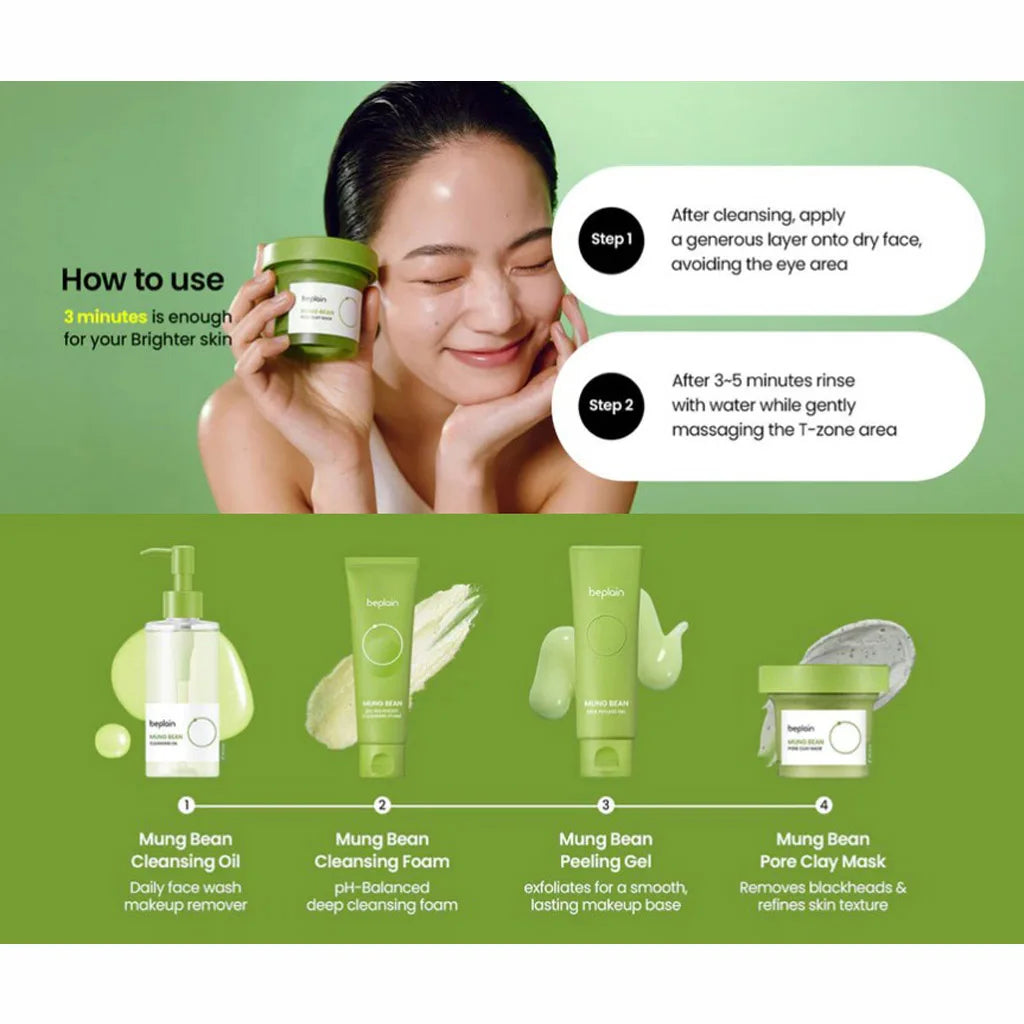 2026 Brand New Beplain Green Bean Sensitive Skin Gentle Facial Cleanser+Mud Mask+Makeup Removal Oil Care Set