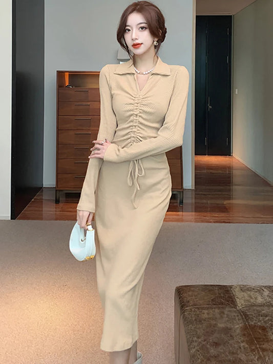 Women Solid Knitted Bow Bandage Long Dress 2024 Korean Long Sleeve Polo Collar Casual Dress Autumn Winter Elegant Evening Dress