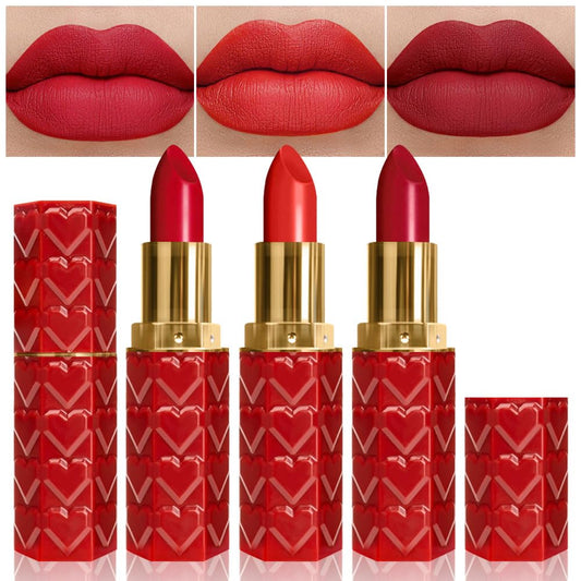 3Pcs Matte Velvet Lipstick Set Orange Ruby Red Wine Red Deep Red Long Lasting Waterproof Non-Stick Cup Non-Drying 24 Hours Women Matte Lip Stick Lip Stain Makeup Gift Sets Vegan - Dark Red