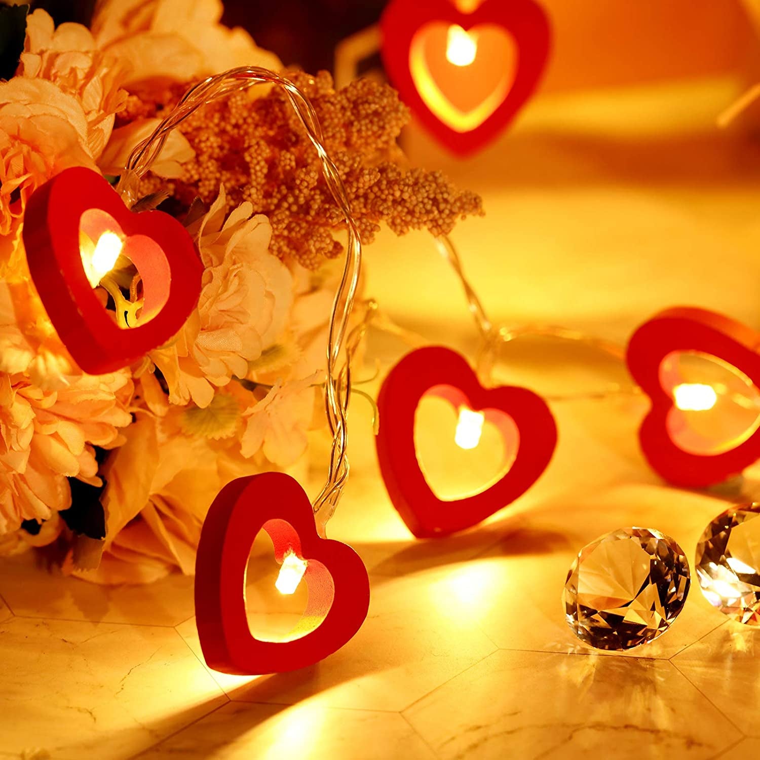 Valentine'S Day Wooden Heart String Lights LED Fairy Lights Hanging Wood Love Lights Lamp Battery Operated Valentine'S Day Decorations for Bedroom Festival Birthday Wedding (Red,20 Lights)