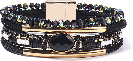 Leather Wrap Bracelets Crystal Beads Bracelet Boho Cuff Stone Charm Bracelets with Clasp Costume Jewelry for Women
