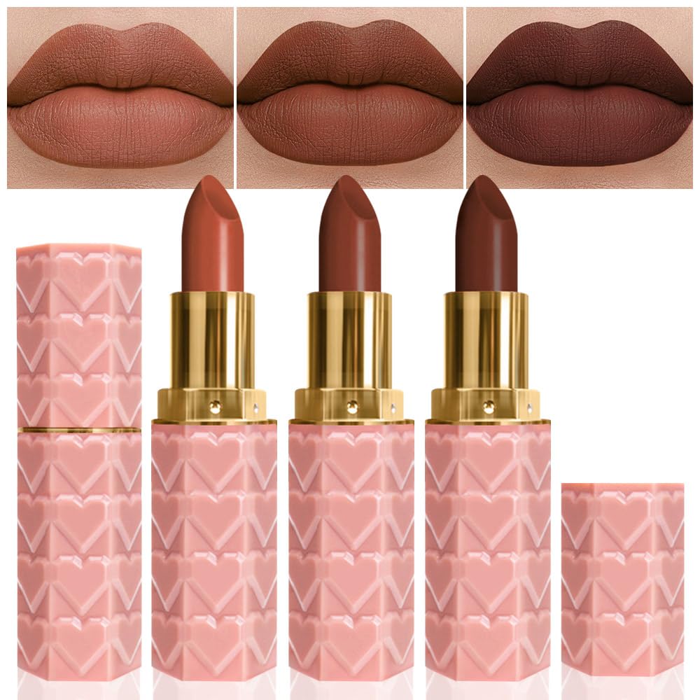 3Pcs Matte Velvet Lipstick Set Orange Ruby Red Wine Red Deep Red Long Lasting Waterproof Non-Stick Cup Non-Drying 24 Hours Women Matte Lip Stick Lip Stain Makeup Gift Sets Vegan - Dark Red