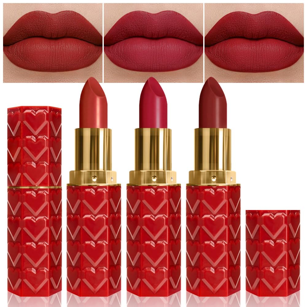 3Pcs Matte Velvet Lipstick Set Orange Ruby Red Wine Red Deep Red Long Lasting Waterproof Non-Stick Cup Non-Drying 24 Hours Women Matte Lip Stick Lip Stain Makeup Gift Sets Vegan - Dark Red