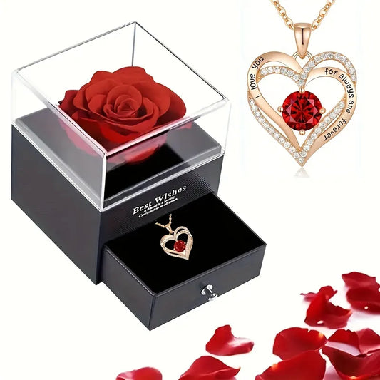 "Exquisite Red Zircon Pendant Necklace in a Stunning Rose Flower Gift Box - Perfect Gift for Your Beloved Girlfriend, Women, and Special Someone - Trendy Wedding Jewelry for 2023"