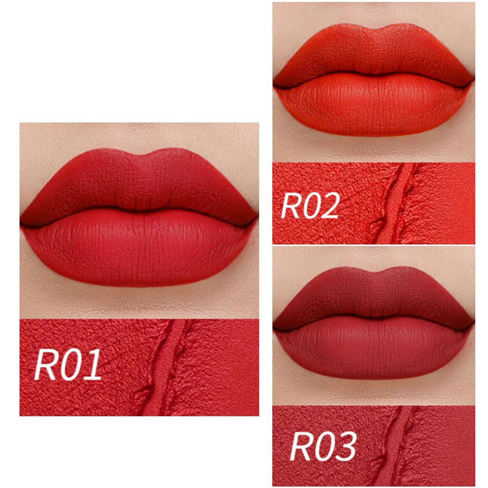 3Pcs Matte Velvet Lipstick Set Orange Ruby Red Wine Red Deep Red Long Lasting Waterproof Non-Stick Cup Non-Drying 24 Hours Women Matte Lip Stick Lip Stain Makeup Gift Sets Vegan - Dark Red