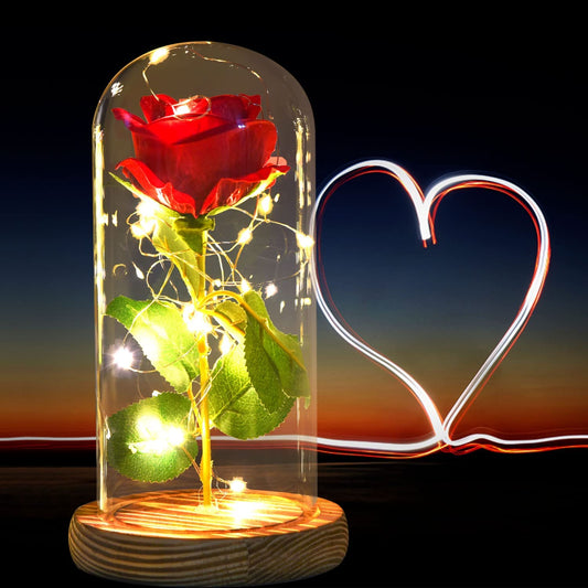 Glass Rose Red Rose Wooden,Rose, Best Gift for Mom,Red Rose with Light Enchanted Rose in Glass Dome, Girlfriend, Wife, Never Fade Rose for Mother'S Day, Anniversary, Birthday, Valentine'S Day.
