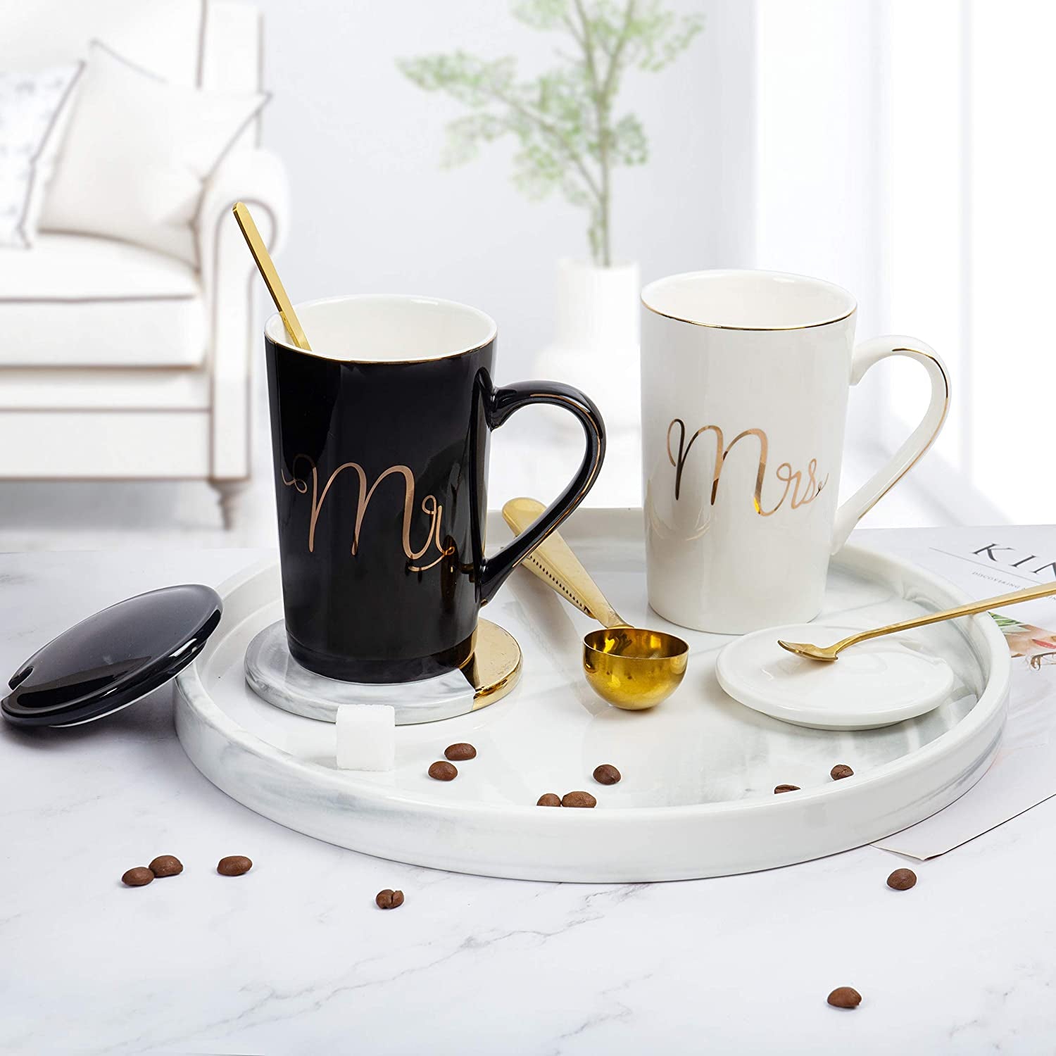 Mr and Mrs Coffee Mugs Set - Unique Wedding Gifts for Bride and Groom - His and Hers Anniversary Present Husband and Wife -Engagement Gifts for Him Her for Parents for Valentine'S Day