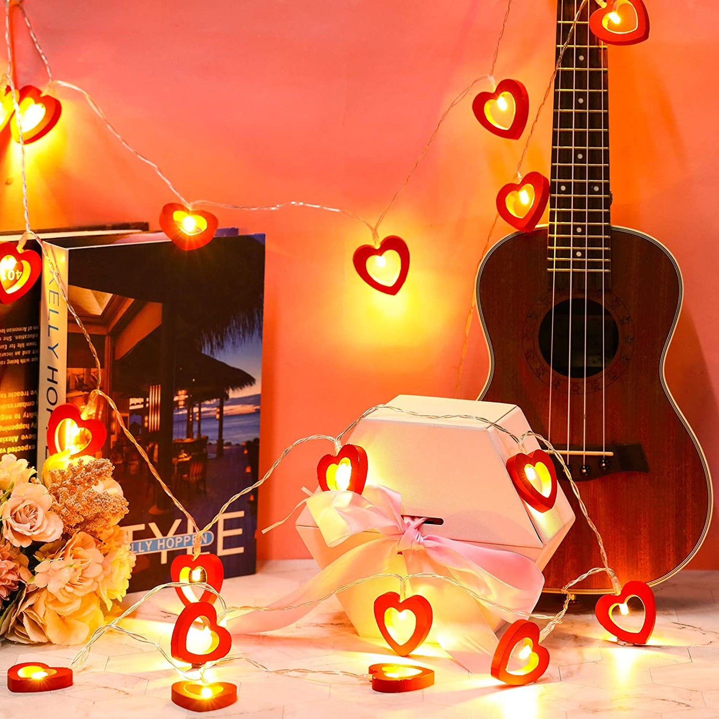 Valentine'S Day Wooden Heart String Lights LED Fairy Lights Hanging Wood Love Lights Lamp Battery Operated Valentine'S Day Decorations for Bedroom Festival Birthday Wedding (Red,20 Lights)