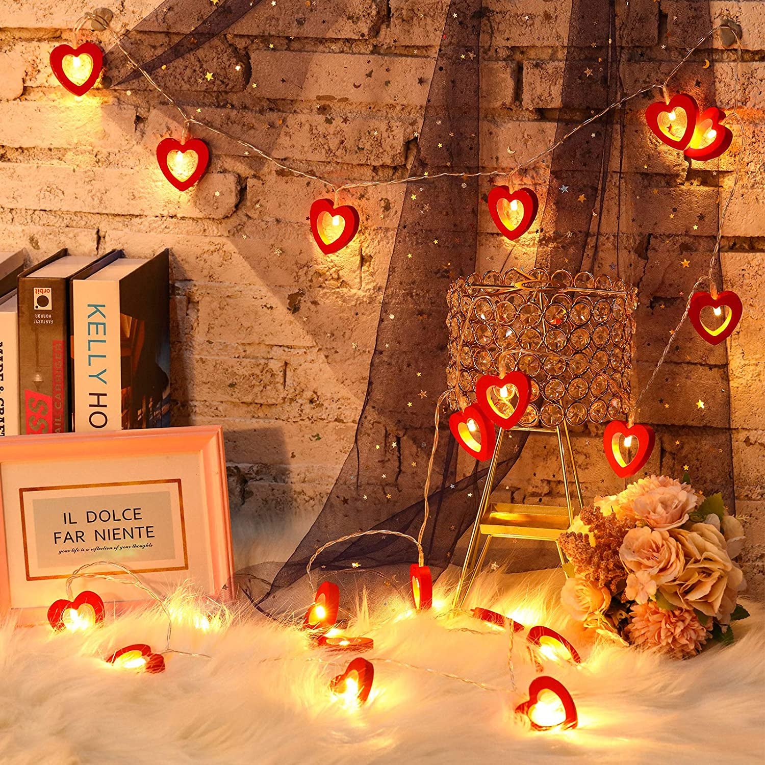 Valentine'S Day Wooden Heart String Lights LED Fairy Lights Hanging Wood Love Lights Lamp Battery Operated Valentine'S Day Decorations for Bedroom Festival Birthday Wedding (Red,20 Lights)